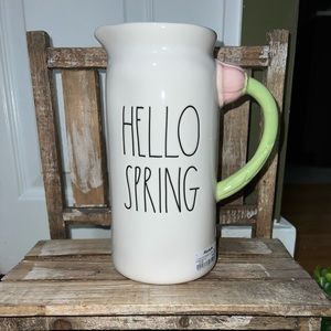 New Rae Dunn Hello Spring pitcher with flower handle